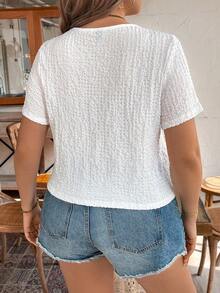 Calvaya Áo sơ mi ngắn tay cổ chữ V màu trơn mùa hè Plus Size có viền xẻ - trắng - Xem 2