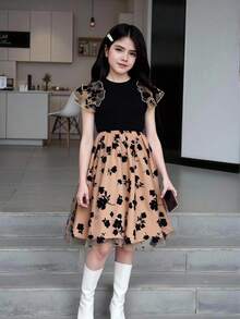 Tween Girl Floral Print Contrast Mesh Ruffle Trim Dress,Holiday Summer Travel - Multicolor - View 5