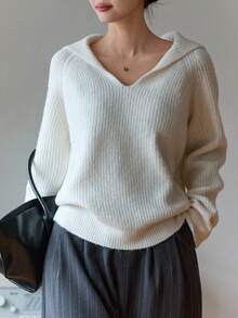 DAZY 女式宽松长袖套头休闲毛衣秋冬 - 白色 - 查看 3