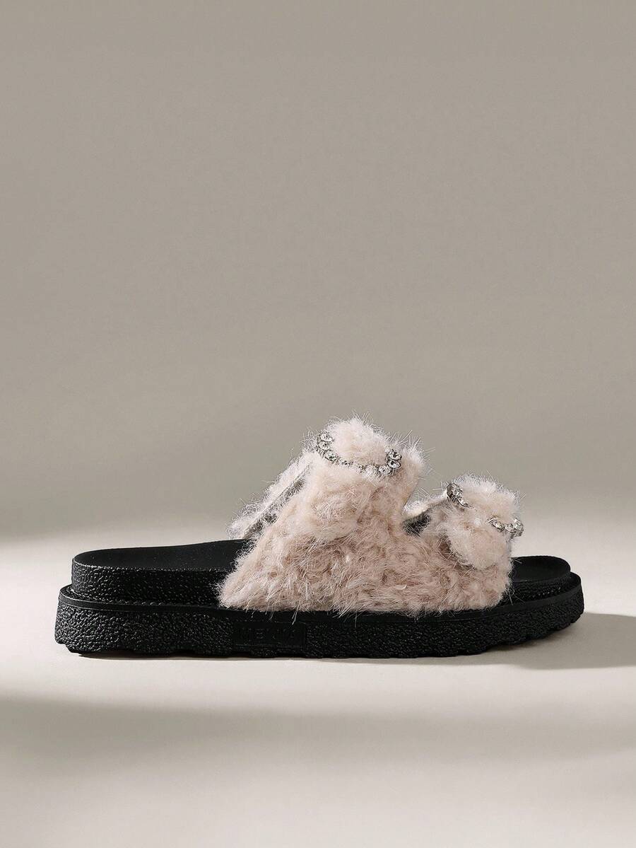 Solecia Zapatillas de plataforma con pedrería brillante y diseño retro para mujer - Caqui - Ver 1