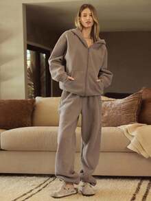 GLOWMODE 厚重羊毛超大连帽夹克，侧口袋，加厚保暖，冬季 - 卡其色 - 查看 10