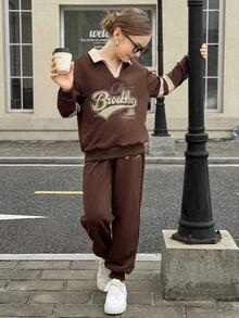 2 peças Camiseta de Manga Longa com Gola Polo e Bloco de Cores com Estampa de Letra + Calça de Cor Sólida para Meninas, Conjunto Esportivo Casual Adequado para Uso Diário, Volta às Aulas, Esportes na Primavera e Outono - Marrom Claro - Visão 5