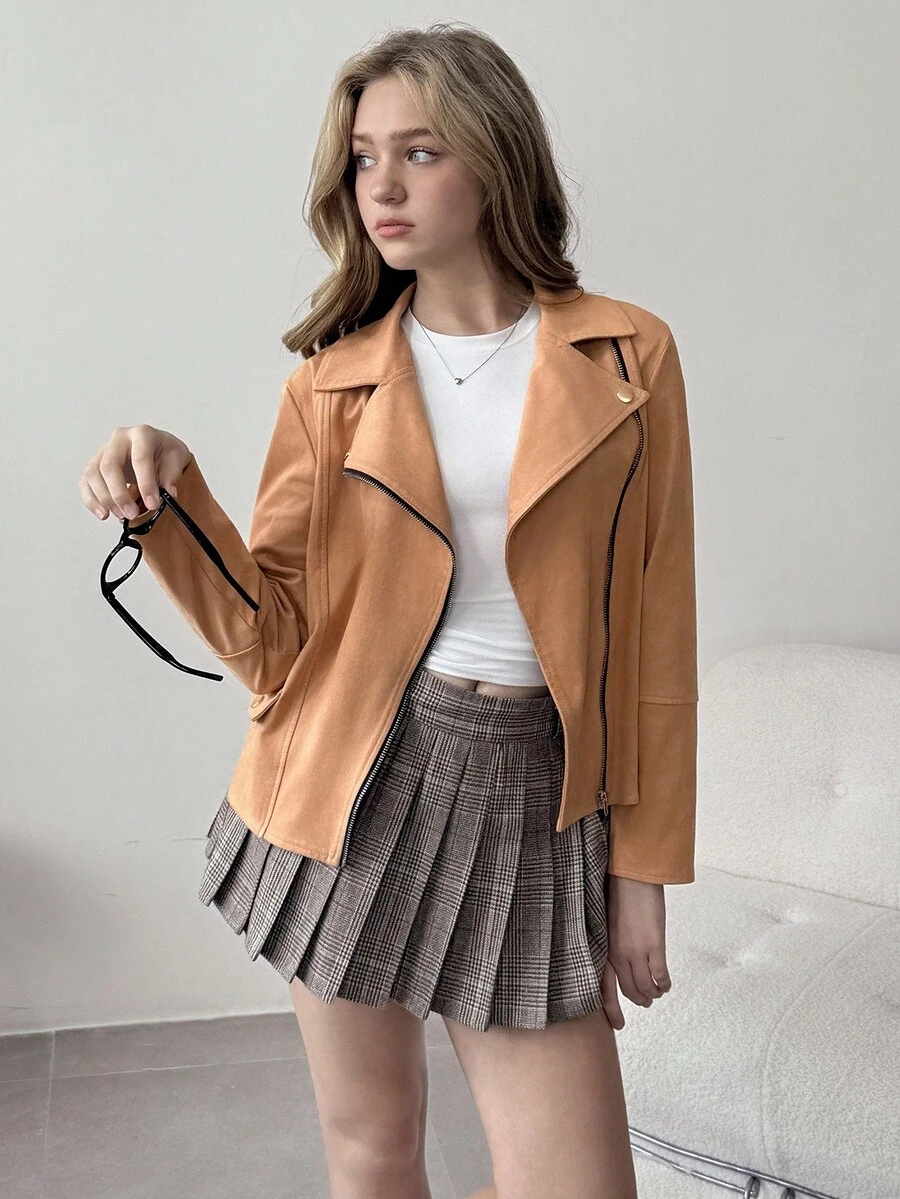 Teen Girls' Casual Suede Lapel Collar Zip-Up Moto Jacket, Autumn Fall Winter - Brown - View 1