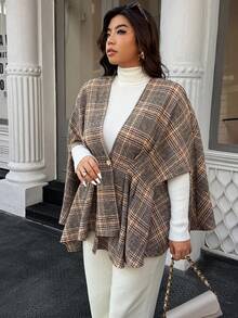 SHEIN LUNE Plus Size Plaid Print Cutout Cloak Button Decor Elegant Casual Jacket Fall Winter Cloth For Women Autumn - Brown - View 5