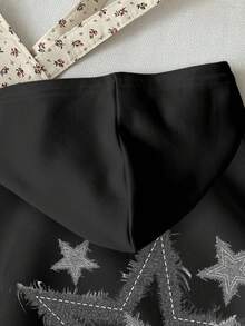 SHEIN Tween 女孩休闲简约五角星图案连帽衫，黑色，街头风格，朋克，厚长袖运动衫，适合秋冬季