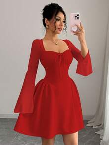 Elenzga Đầm nữ mới thiết kế xếp nếp bên hông bằng lưới trong suốt có cổ nơ, xòe dáng chữ A, thắt eo gợi cảm, sang trọng, thanh lịch, đa năng - Đỏ - Xem 5