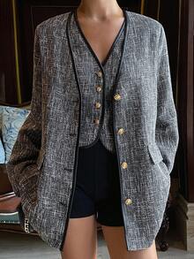 DAZY مجموعة جاكيت صدرية بدون أكمام ذات رقبة على شكل حرف V وبلوزة كاجوال بأكمام طويلة، لون متباين، قطعتان، خريف/شتاء رمضان - رمادي - مشاهدة 5