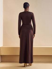 Zivah Women's Elegant Dark Brown Long Sleeve Metal Button Long Dress,Autumn Night Out Music Festival,St. Patrick's Day,College Style,Casual Beach Vacation - Brown - View 3