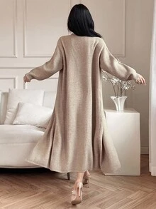 DAZY Women's Elegant Sleeveless Dress & Long Cardigan Two Pieces Set, Autumn - Khaki - View 2