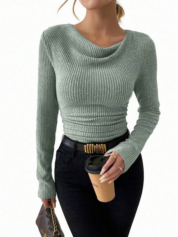 Almamuse Camiseta vintage assimétrica, gola drapeada, texturizada, franzida, justa, manga comprida