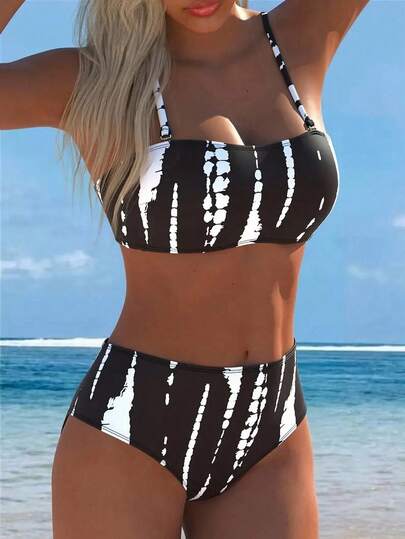 Swim Vcay 2pcs/Set Women Summer Zebra Print Bandeau Bikini Set