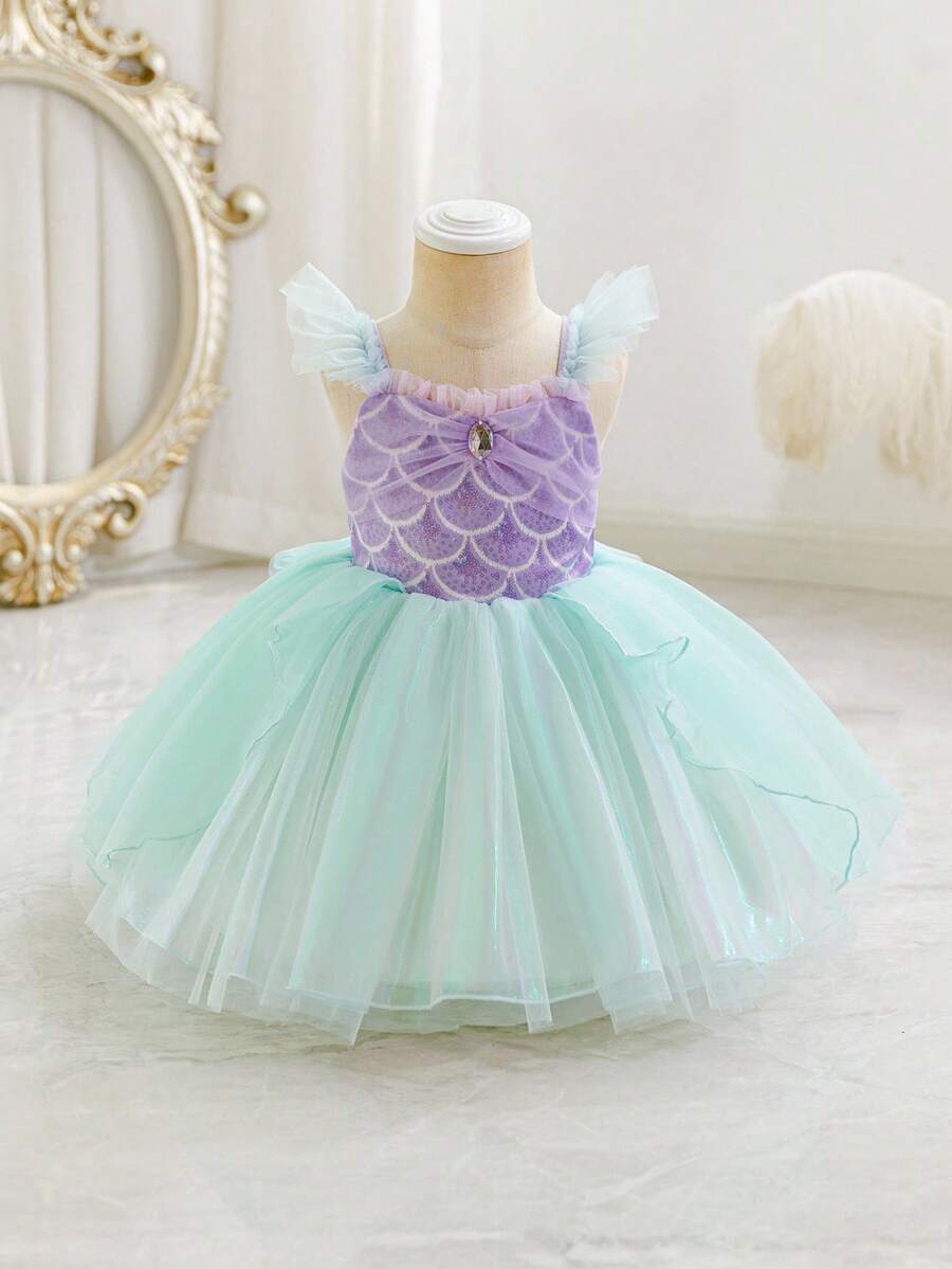 Glamorique Kids 女婴公主裙，吊带短袖，紫色，圣诞节女婴裙，派对礼服，新年礼服，圣诞儿童礼服，正式礼服，舞台表演礼服，优雅连衣裙 - 綠色 - 查看 1