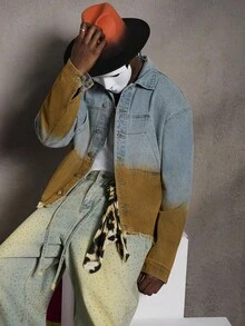 PAVTROS Áo khoác denim dài tay họa tiết da báo, họa tiết môi, thường ngày, mùa thu cho nam - Rửa nhẹ - Xem 2