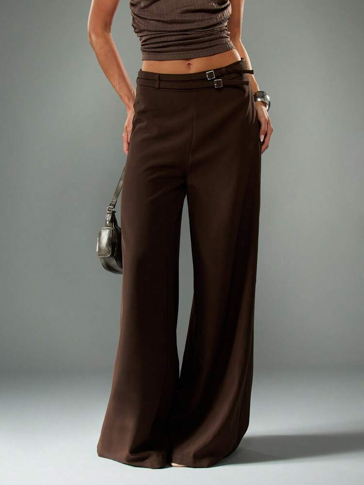 MISSGUIDED Pantalones palazzo de cintura alta y pierna ancha con detalle de hebilla para atuendos de oficina, negocios y casual en otoño e invierno