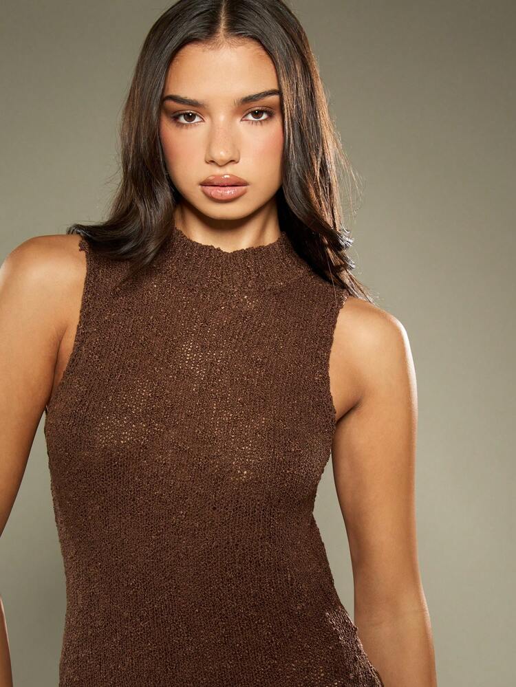 MISSGUIDED Gestricktes Kleid mit Stehkragen, ärmelloses Pulloverkleid für Herbst und Winter, Feiertagsparty, knielang, schlank geschnitten, elegantes Midikleid