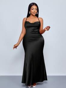 SOLERSUN Quần áo nữ cỡ lớn Cổ treo, Dây đeo, Cổ áo xòe, Cổ áo có túi, Cạp thấp, Hở lưng chéo, Đuôi cá, Váy dài màu xanh lá cây Matcha, Váy dự tiệc gợi cảm và thanh lịch, Váy dạ hội chị em, Váy dài bằng vải satin cho nữ Trang phục mùa xuân cho phụ nữ Váy dự tiệc cưới cho phụ nữ Trang phục hòa nhạc cho phụ nữ - màu đen - Xem 3