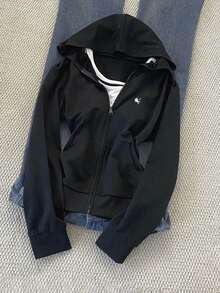 Glimmora 刺绣图案拉链连帽衫修身运动衫夹克女款秋冬款 - 黑色 - 查看 8