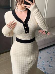 DAZY Gaun Sweater Patchwork Blok Warna Elegan untuk Wanita, Musim Gugur - Krem - View 3