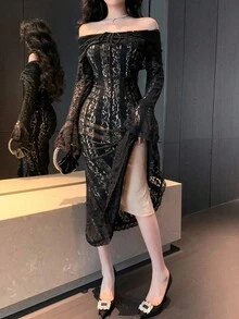 DAZY Elegante abito midi da donna con spalle scoperte, maniche a campana e fondo a sirena, adatto per feste in autunno - nero - Visualizzare 11