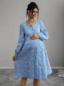 SHEIN 孕妇圆领提花面料纽扣前长袖连衣裙，春秋 - 藍色 - 查看 1