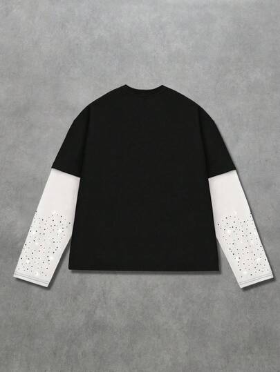 Street Life Men's Sparkling Diamond Sleeve & Blurred Figure Print Patchwork Loose Short T-Shirt, For Fall