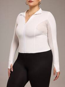 Rhythm Era Plus Size Women's Stand Collar Raglan Sleeve Fitted Athletic Jacket - White - View 4