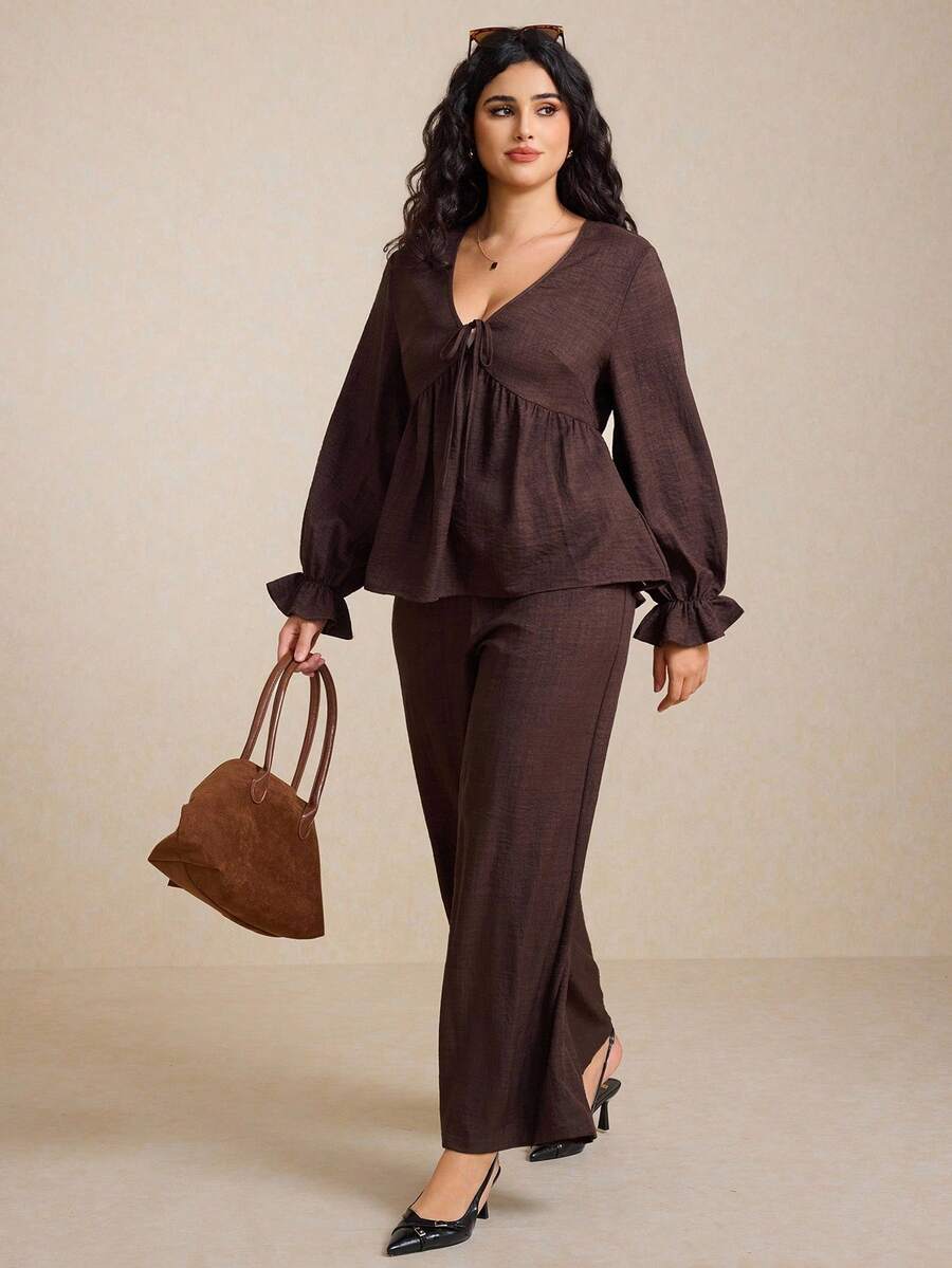 Elaquor Plus Size Solid Color Loose Long Sleeve Top And Wide Leg Pants 2 Pieces Set - Coffee Brown - View 1