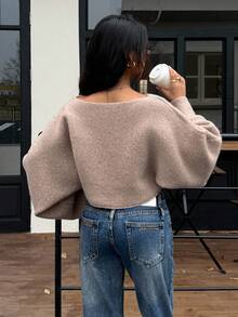 Lumivelle 2025 New Fashion Loose Casual Minimalist One-Piece Design Knitted Cover Up Sweater Crop Sweater - Camel - View 2