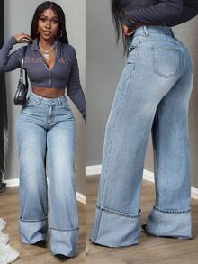 SHEIN Tall Women's High Waist Pocketed Wide Leg Loose Casual Versatile Jeans - Blue - View 1