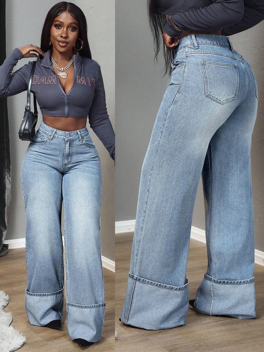 SHEIN Tall Women's High Waist Pocketed Wide Leg Loose Casual Versatile Jeans - Blue - View 1