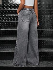 Tween Girl Y2K Streetwear Asymmetrical Waist Loose Fit Grey Washed Denim Baggy Straight Leg Jeans Wide Leg Grey Pants,Winter Jeans,Graduation,Autumn Fall Winter,Back To School Homecoming,High-Waisted Long Wide Leg Denim Jeans,Streetwear Style,Winter Pants, Wide Leg Jeans, Baggy Street Jeans, Baggy Jeans For Y2k, Grey Baggy Jeans - Grey - View 2