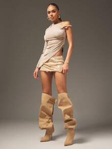 SHUZIA Glamouröse Damen Beige PU Overknee Slouch Spitzschuh High Heel Stiletto Sexy Winter Schnallen Riemen Stiefel Urlaub