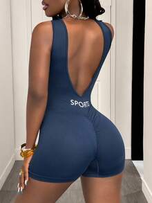 Slaydiva 女士運動連身衣，性感露背健身連身衣 - 藏蓝色 - 查看 3