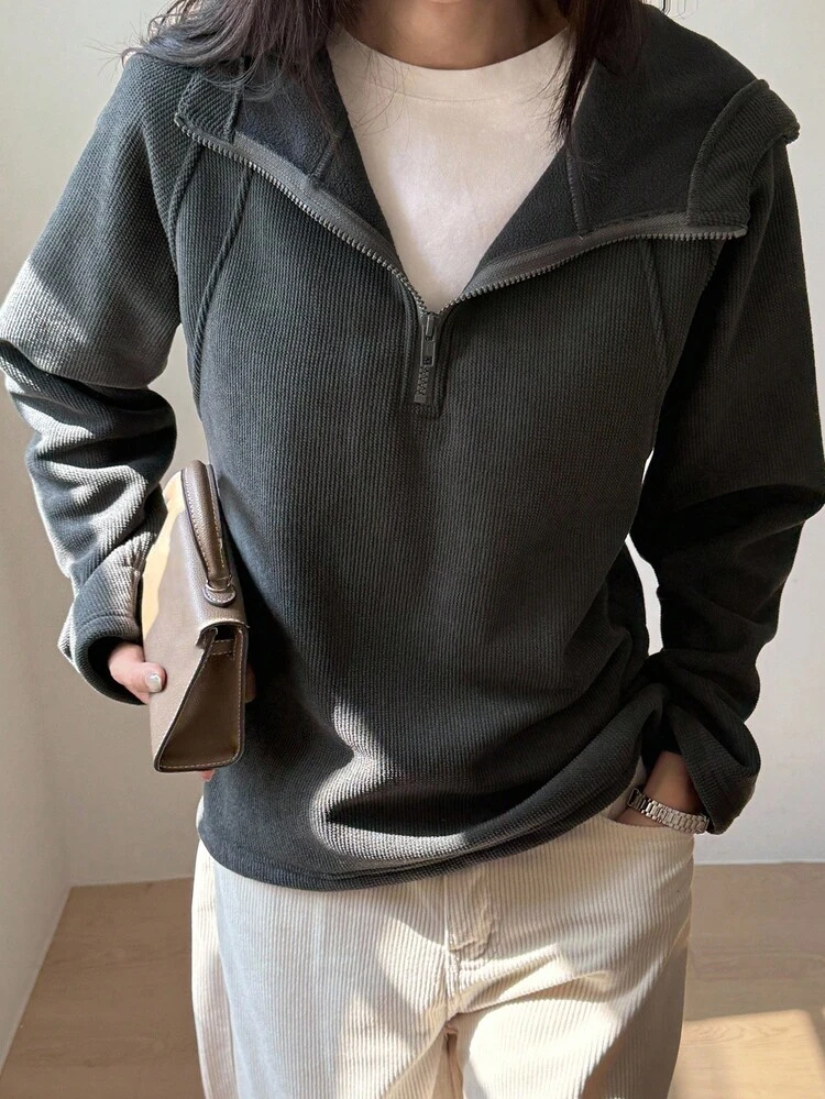 Women's Half-Zip Hooded Loose Fit Thermal Lined Casual Sweatshirt Fall/Winter