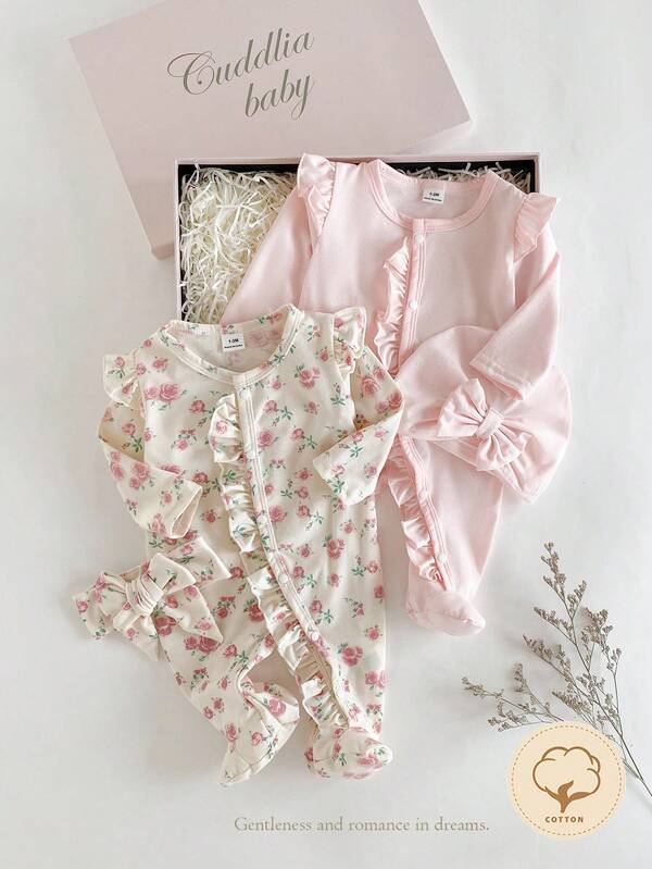 4pcs Newborn Long Sleeve Footie Jumpsuit, Cute Floral Pattern, Bow Decor Hat & Headband, Comfortable Homesuit Set Cotton Newborn Fall Winter