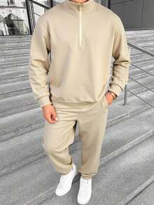 SHEIN 青少年男童休闲街头纯色百搭舒适纯色拉链立领连帽衫和运动裤套装，适合通勤、上学、休闲、度假、运动、派对、秋冬 - 杏色 - 查看 3
