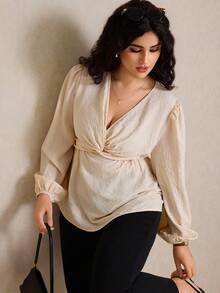 Elaquor Blusa Sólida com Decote em V e Cintura Torcida em Linha A para Mulheres Plus Size, Básica Minimalista, Todas as Estações - Damasco - Visão 1