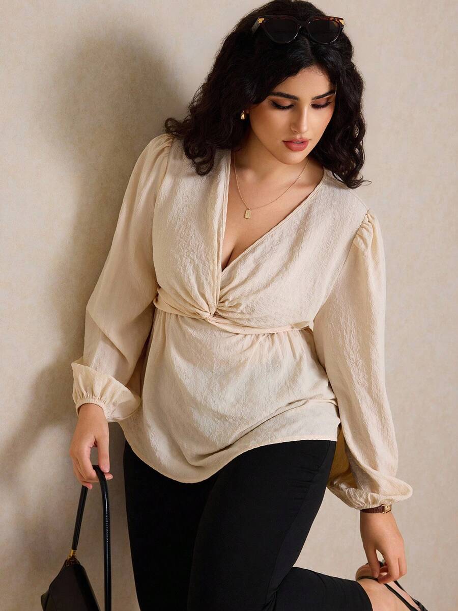 Elaquor Blusa Sólida com Decote em V e Cintura Torcida em Linha A para Mulheres Plus Size, Básica Minimalista, Todas as Estações - Damasco - Visão 1