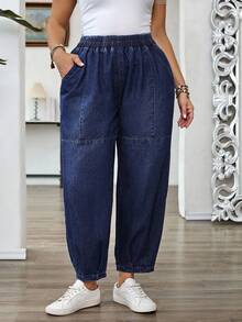 EMERY ROSE Plus Size Elastic Waist Tapered Leg Jeans, Casual Vacation - Dark Wash - View 5