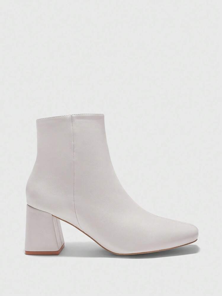 CUCCOO BIZCHIC Women's Fashion Square Toe Chunky Heel Beige Minimalist Classic Versatile Commuter Side Zipper Ankle Boots, Low Heel, Suitable For Work, Shopping, Daily Wear, Autumn/Winter