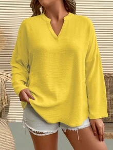 EMERY ROSE Áo sơ mi dài tay cổ chữ V màu trơn cỡ lớn dành cho nữ - Màu vàng - Xem 4