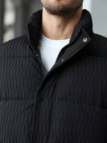 Manfinity CasualCool 男式拉链格子撞色长袖口袋冬季加厚外套，秋季 - 黑色 - 查看 5