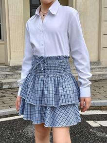 青少年女孩休闲英伦风格蓝色格子 A 字褶双层喇叭裙，适合日常休闲穿着 - 藍色 - 查看 5