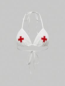 ROMWE Avant Halloween Cosplay Nurse Wireless Velvet Cross Lace-Up Bra For Women - White - View 1