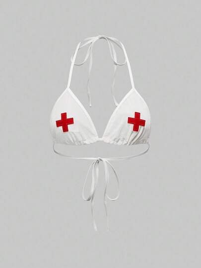 ROMWE Avant Halloween Cosplay Nurse Wireless Velvet Cross Lace-Up Bra For Women