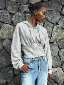 Lumivelle 女士休闲时尚年轻简约百搭修身连帽拉链短款腰部运动衫，秋冬 - 灰色 - 查看 4