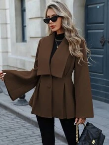 EMERY ROSE Women's Elegant Commuter Casual French Style Turndown Collar V-Neck Double-Breasted Open Waist A-Line Pleated Flare Sleeve Loose Cuff Long Sleeve Woolen Coat, Suitable For Spring, Autumn And Winter - Brown - View 3