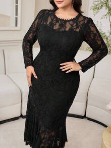 Modelyn Plus Size Women Floral Lace Round Neck Long Sleeve Fitted Elegant Dress - Black - View 2