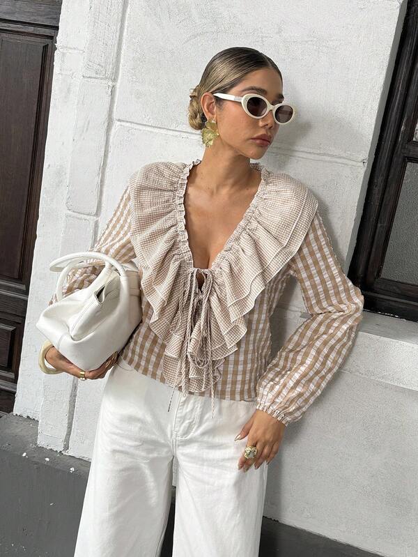 Pariaura Camisa feminina xadrez francesa retrô com estampa de chiffon e bolhas