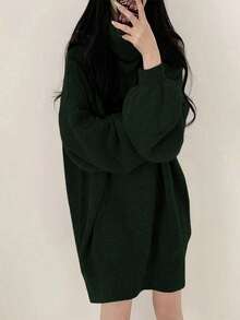 Almamuse 女式时尚休闲高领短款毛衣裙 - 墨綠色 - 查看 4